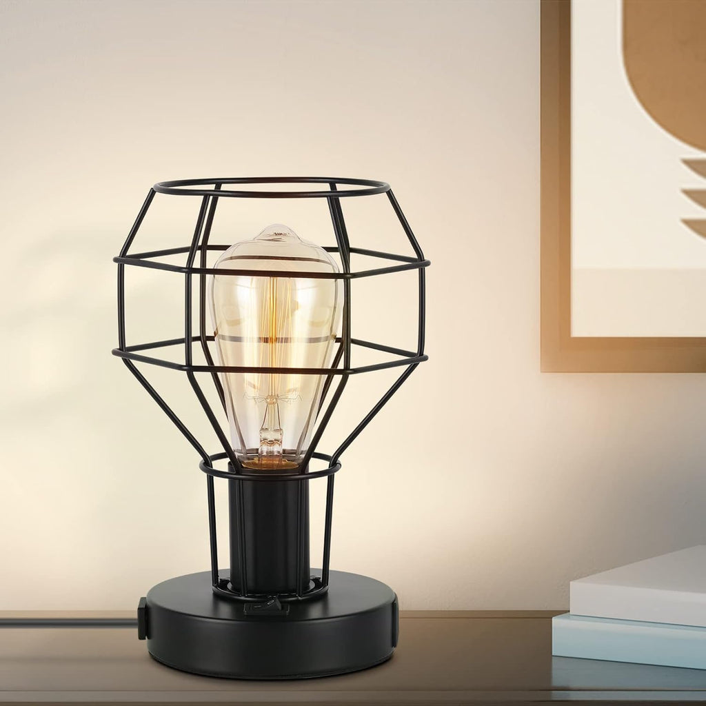 Black Industrial Table Lamp with USB Ports and AC Outlet X1084