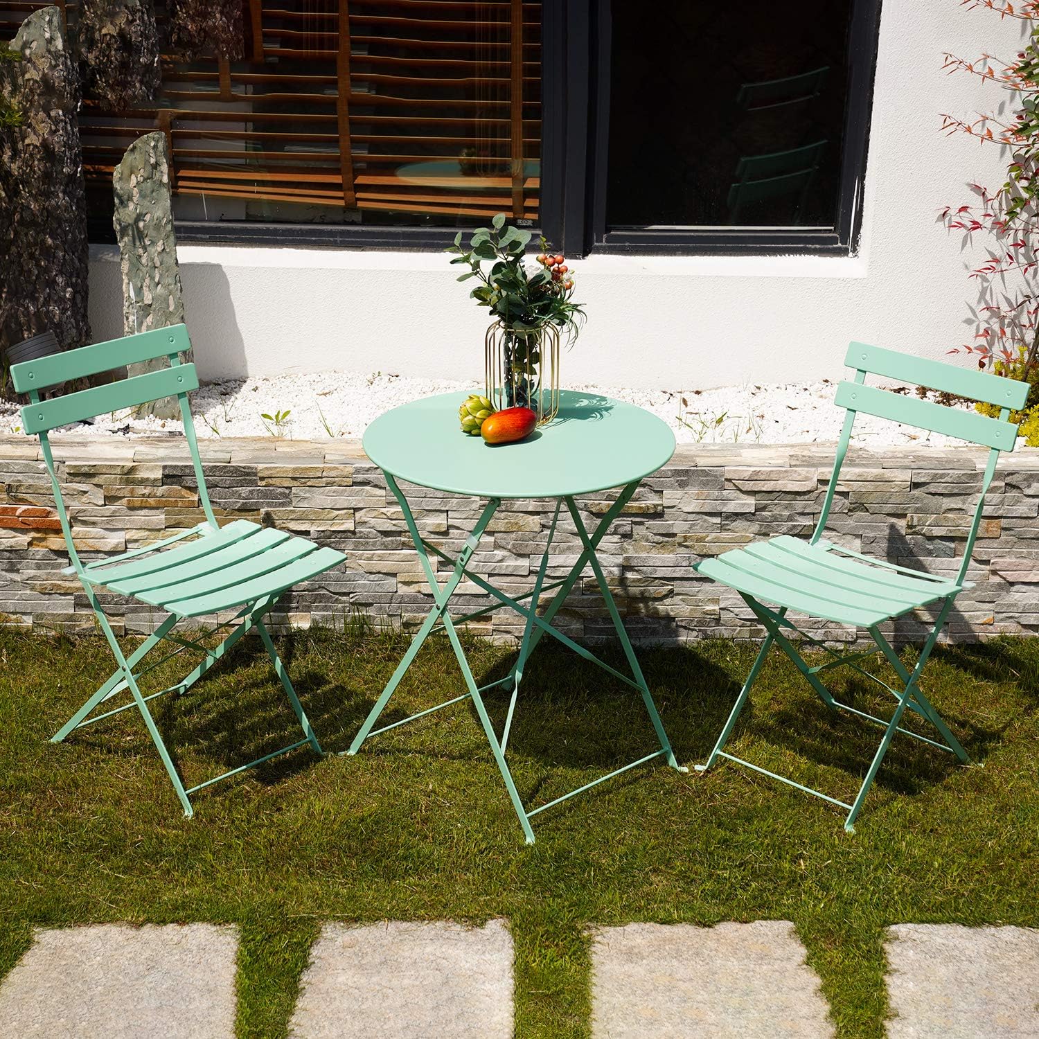 3pc Metal Folding Bistro Set, 2 Chairs and 1 Table, Macaron Blue L874443