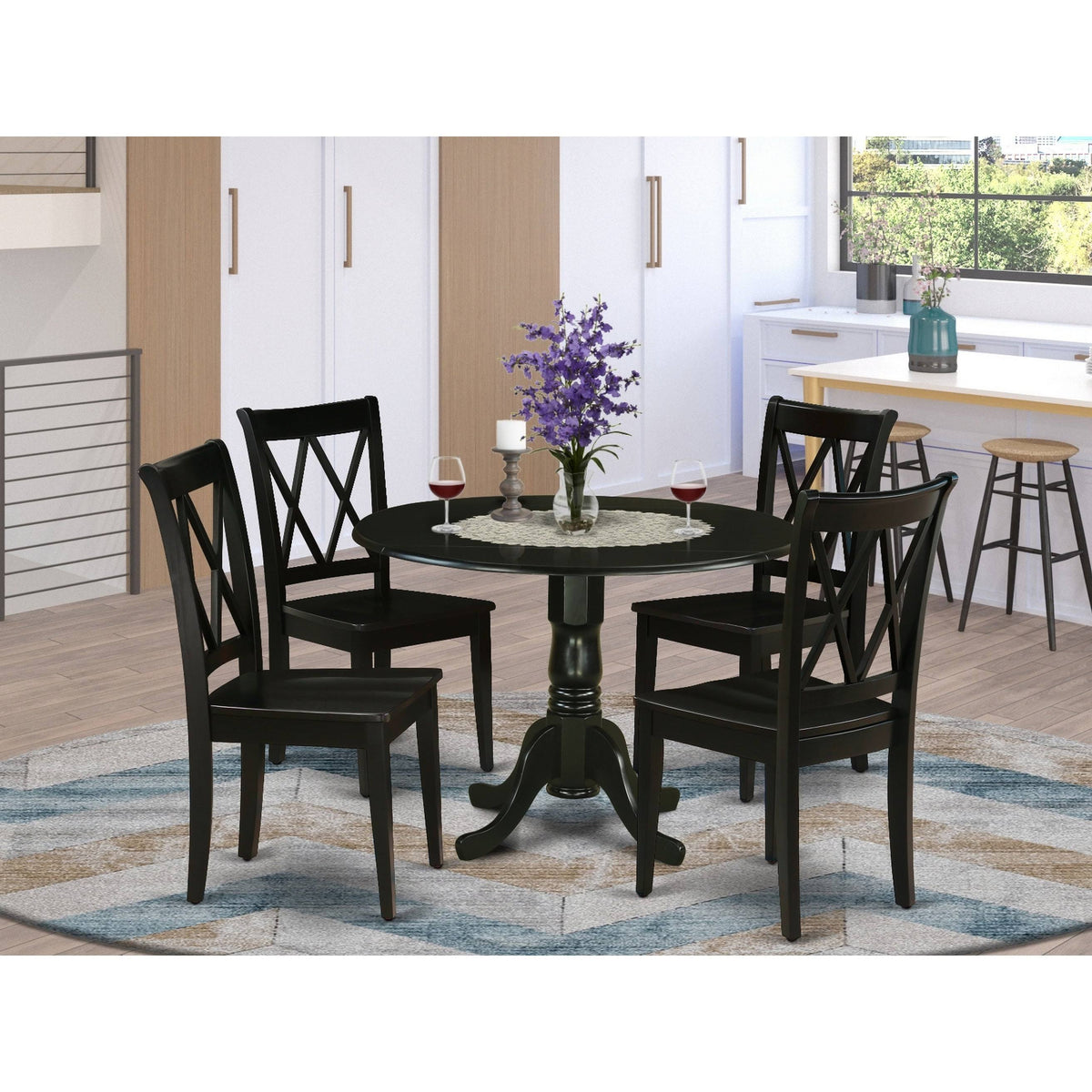 5pc Round Dining Table with Two Drop Leaves and Four Wood Seat Chairs Z83879