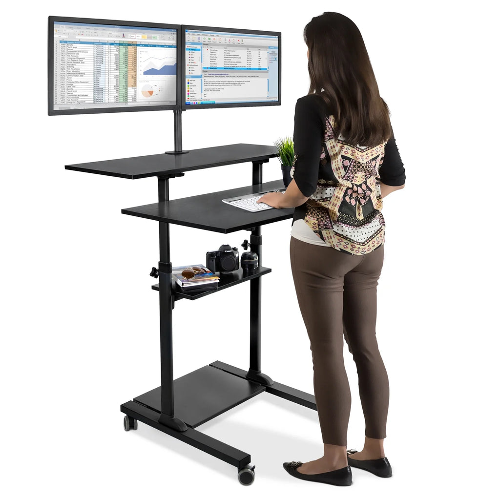 Black Mobile Standing Desk with Dual Monitor Mount Z217878