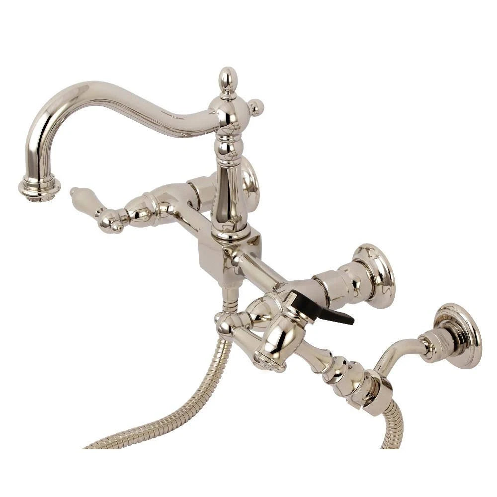 Polished Brass Wall Mount Bridge Kitchen Faucet with Brass Sprayer N625