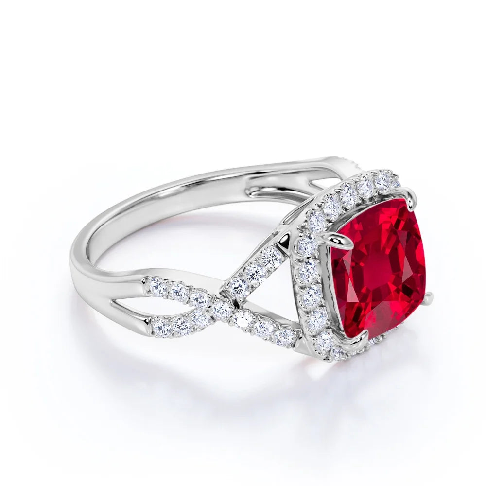 Cushion Cut Lab Created Ruby and Moissanite Crossover Pave Engagement Ring N648