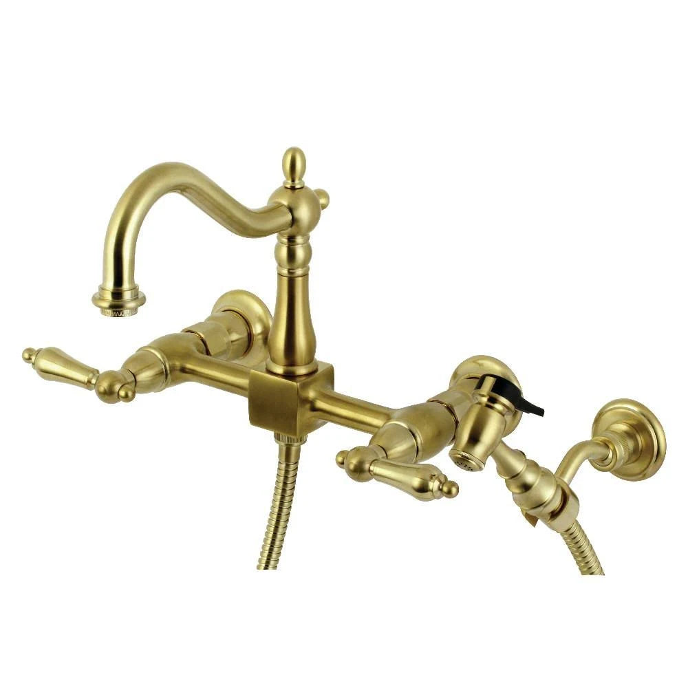 Polished Brass Wall Mount Bridge Kitchen Faucet with Brass Sprayer N625