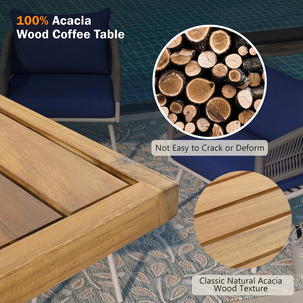 4 Piece Navy Blue Outdoor Woven Rope Sofa Set with Acacia Wood Table X683