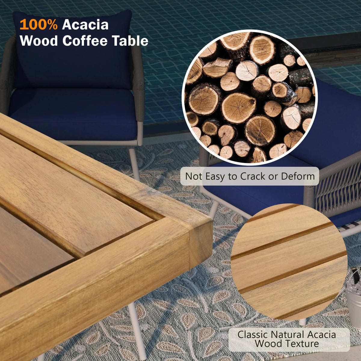 4 Piece Navy Blue Outdoor Woven Rope Sofa Set with Acacia Wood Table X683