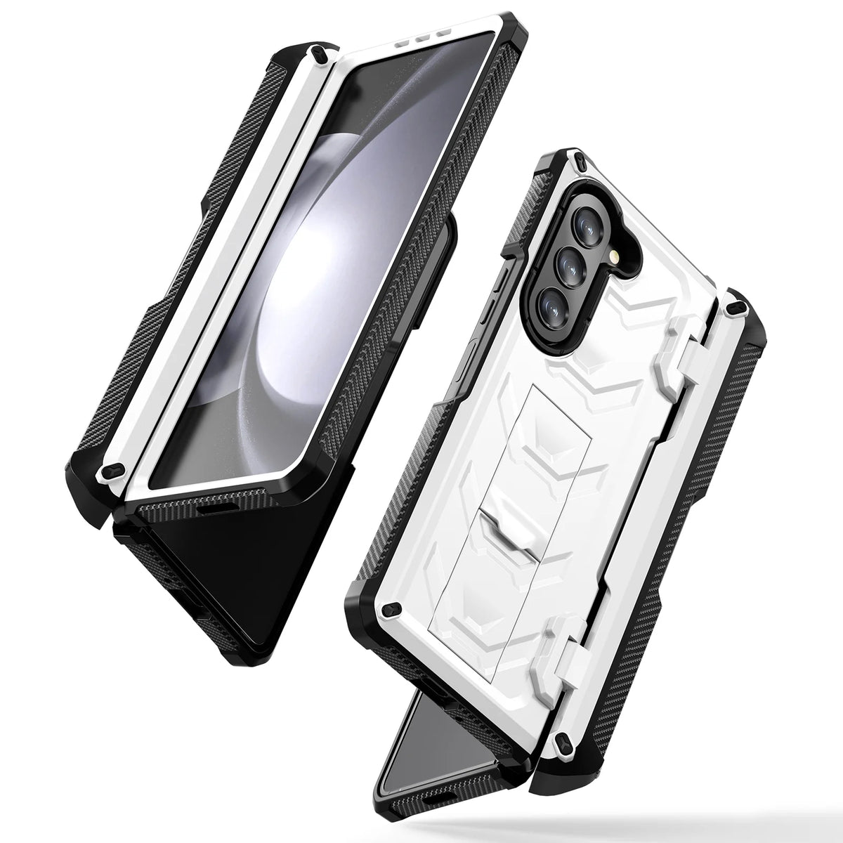 White Rugged Full Body Case with Built-in Glass Screen Protector Hinge Protection Hidden Kickstand Pen Slot Shockproof Armor Case X274
