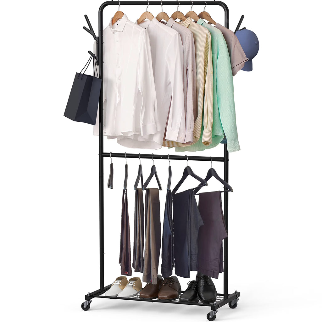 Black Double Rod Garment Rack with Wheels and Hooks P415842