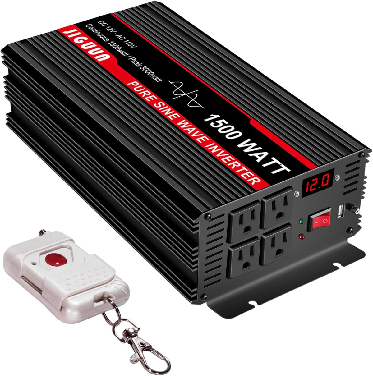 2000 Watt Pure Sine Wave Power Inverter 12V DC to 110V AC with 4 AC Outlets and USB Port C7866