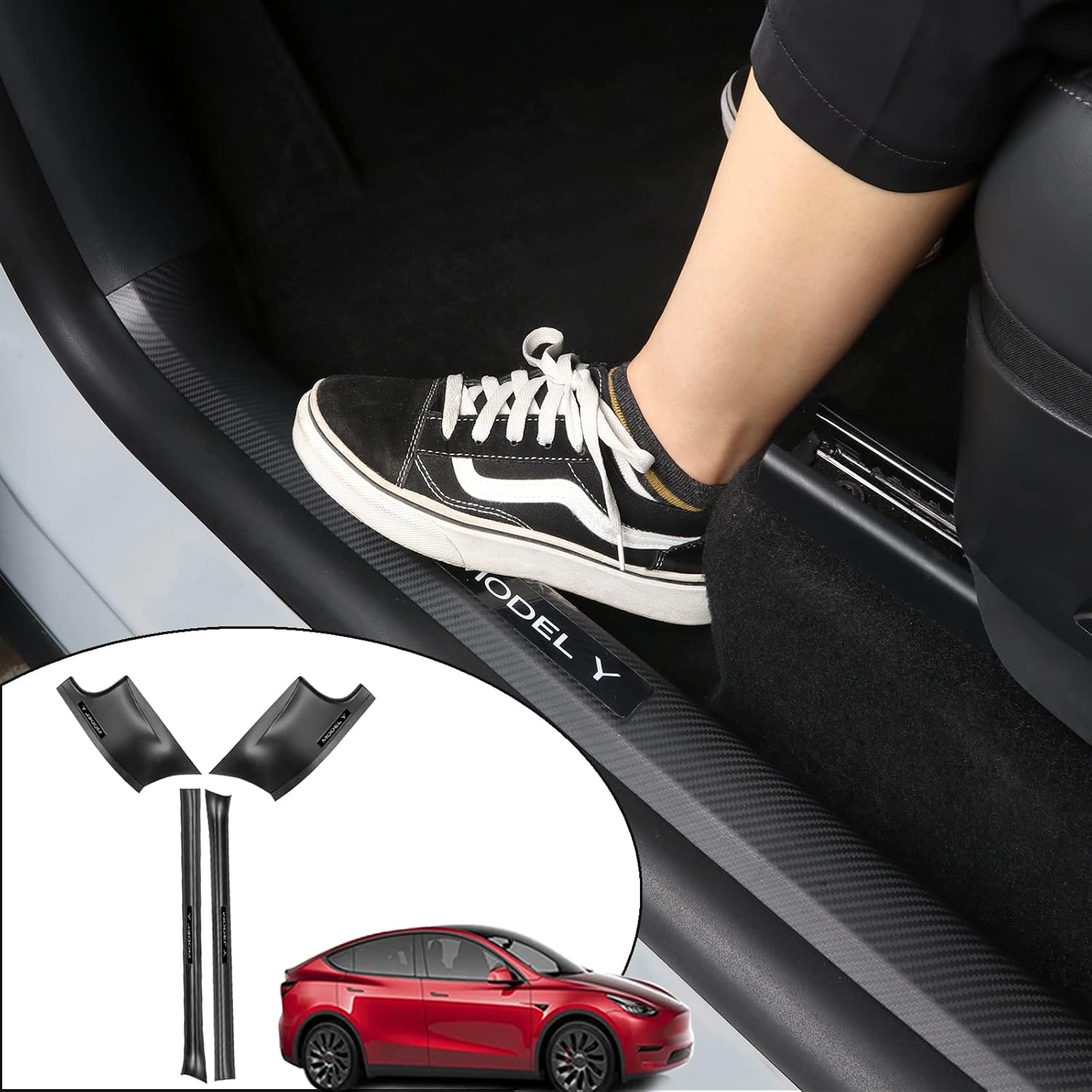 Matte Carbon Fiber Pattern Door Sill Protector Cover ABS 4 pcs Q957