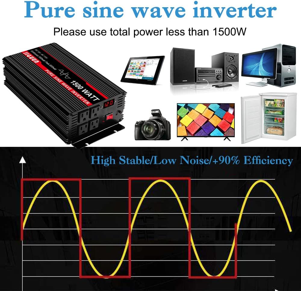 2000 Watt Pure Sine Wave Power Inverter 12V DC to 110V AC with 4 AC Outlets and USB Port C7866