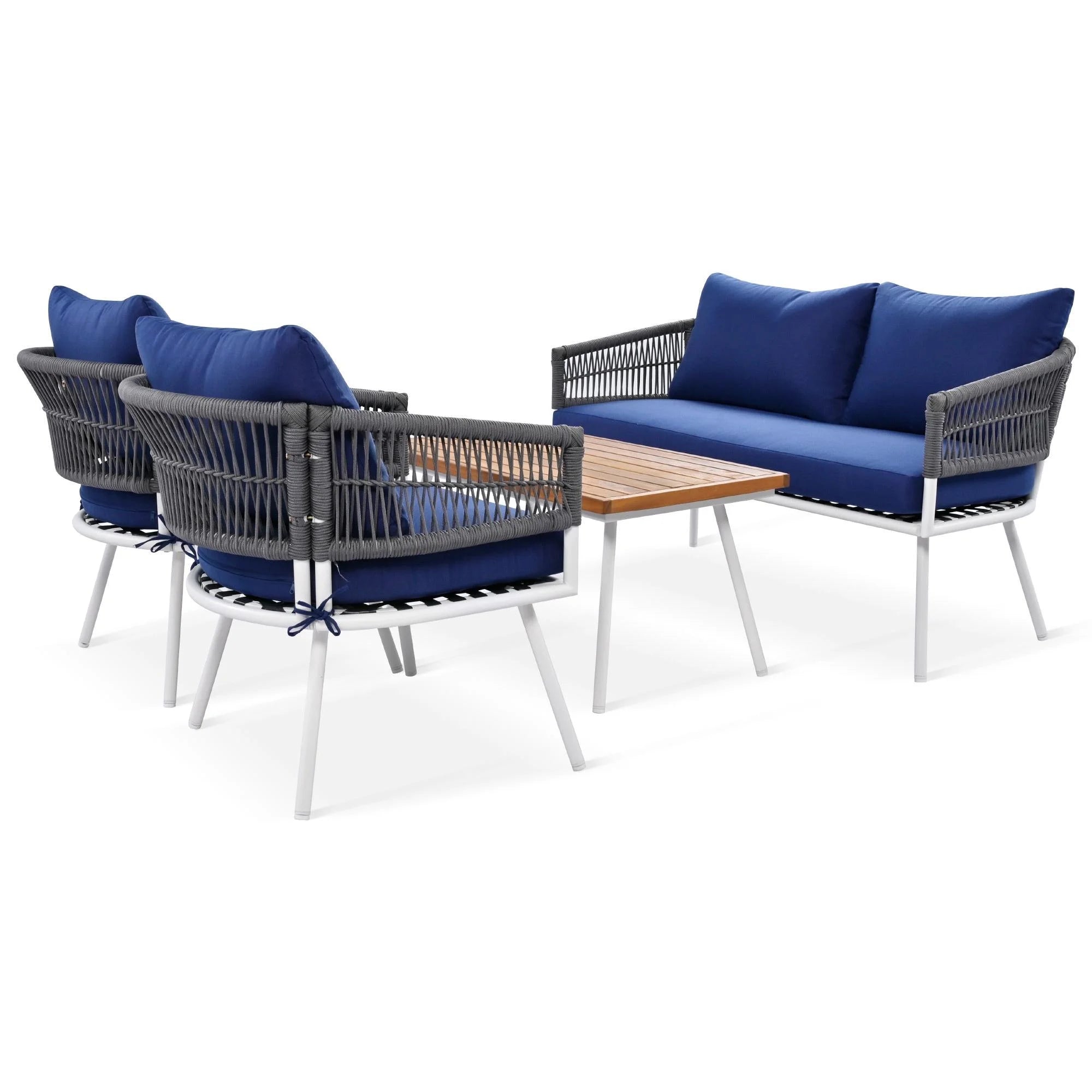 4 Piece Navy Blue Outdoor Woven Rope Sofa Set with Acacia Wood Table X683