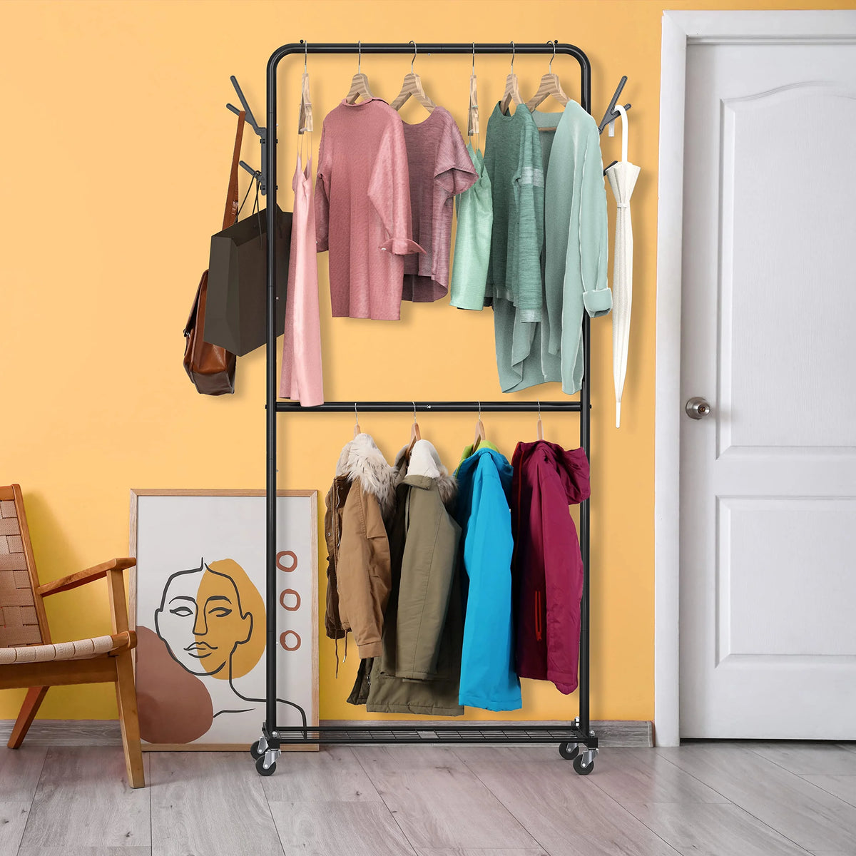 Black Double Rod Garment Rack with Wheels and Hooks P415842