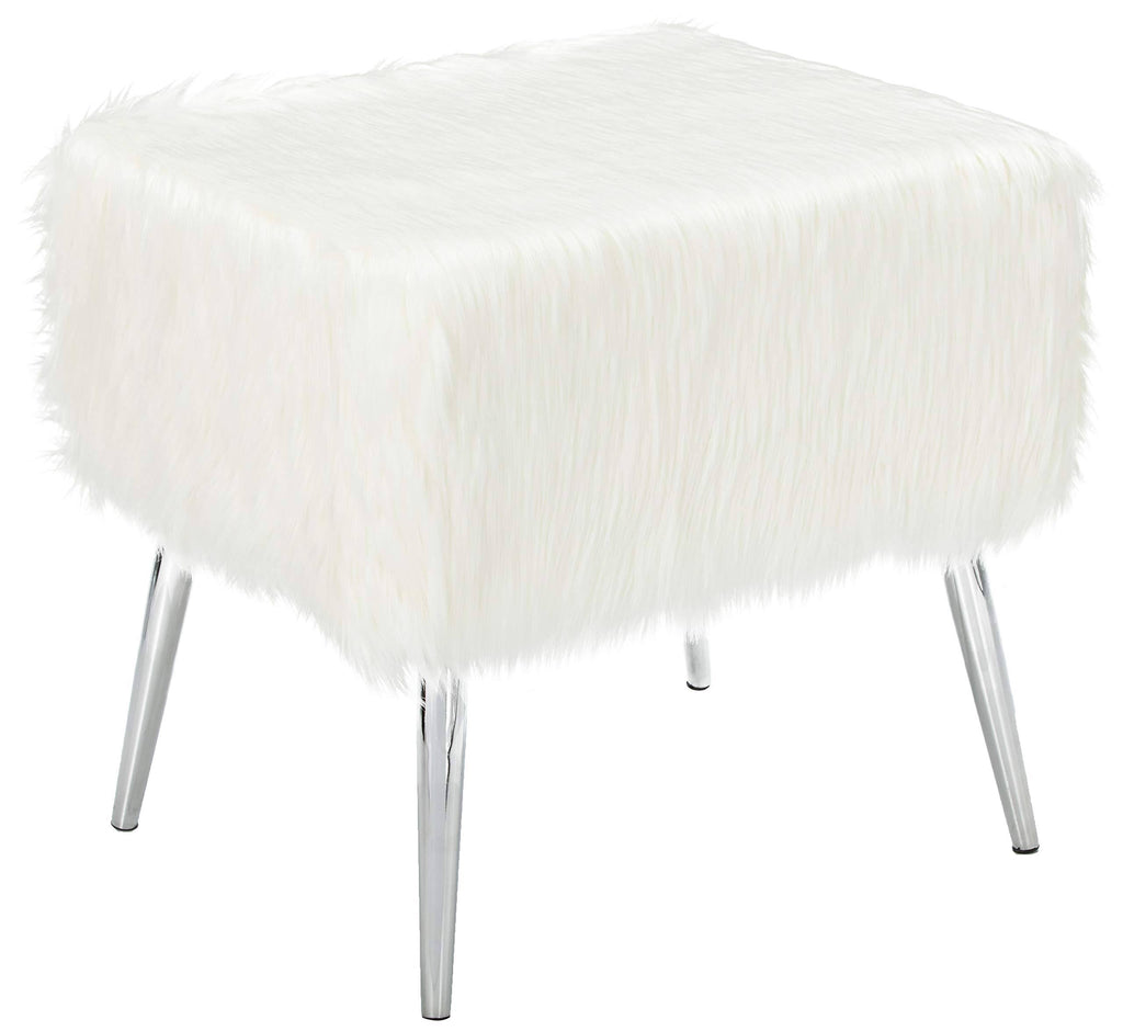 White Faux Fur Ottoman with Chrome Legs U735