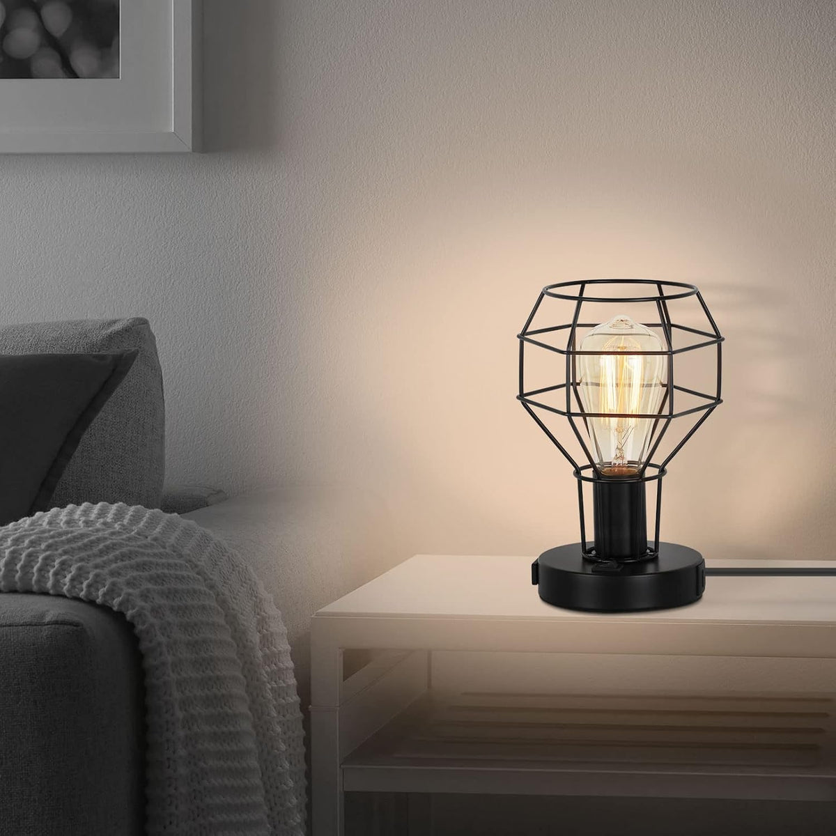 Black Industrial Table Lamp with USB Ports and AC Outlet X1084