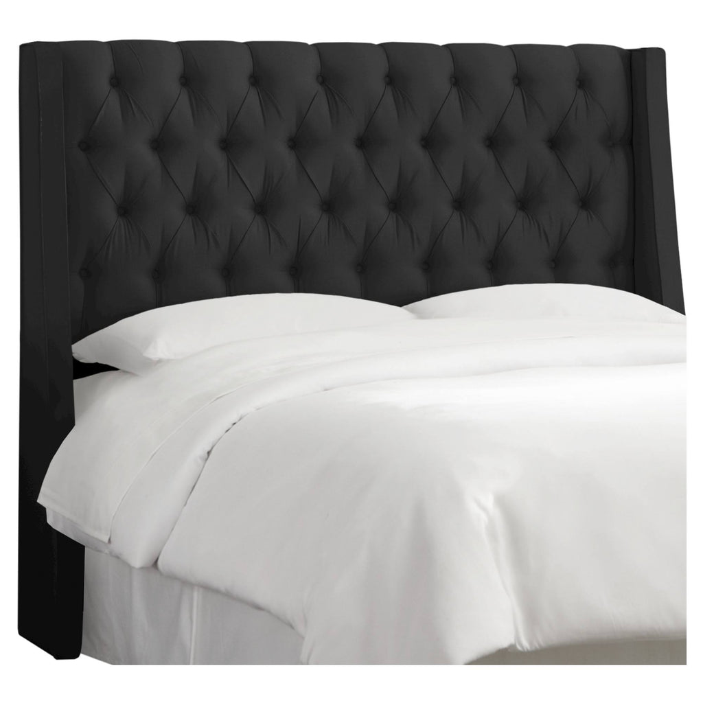 California King Tufted Wingback Headboard Faux Silk Black Q862676