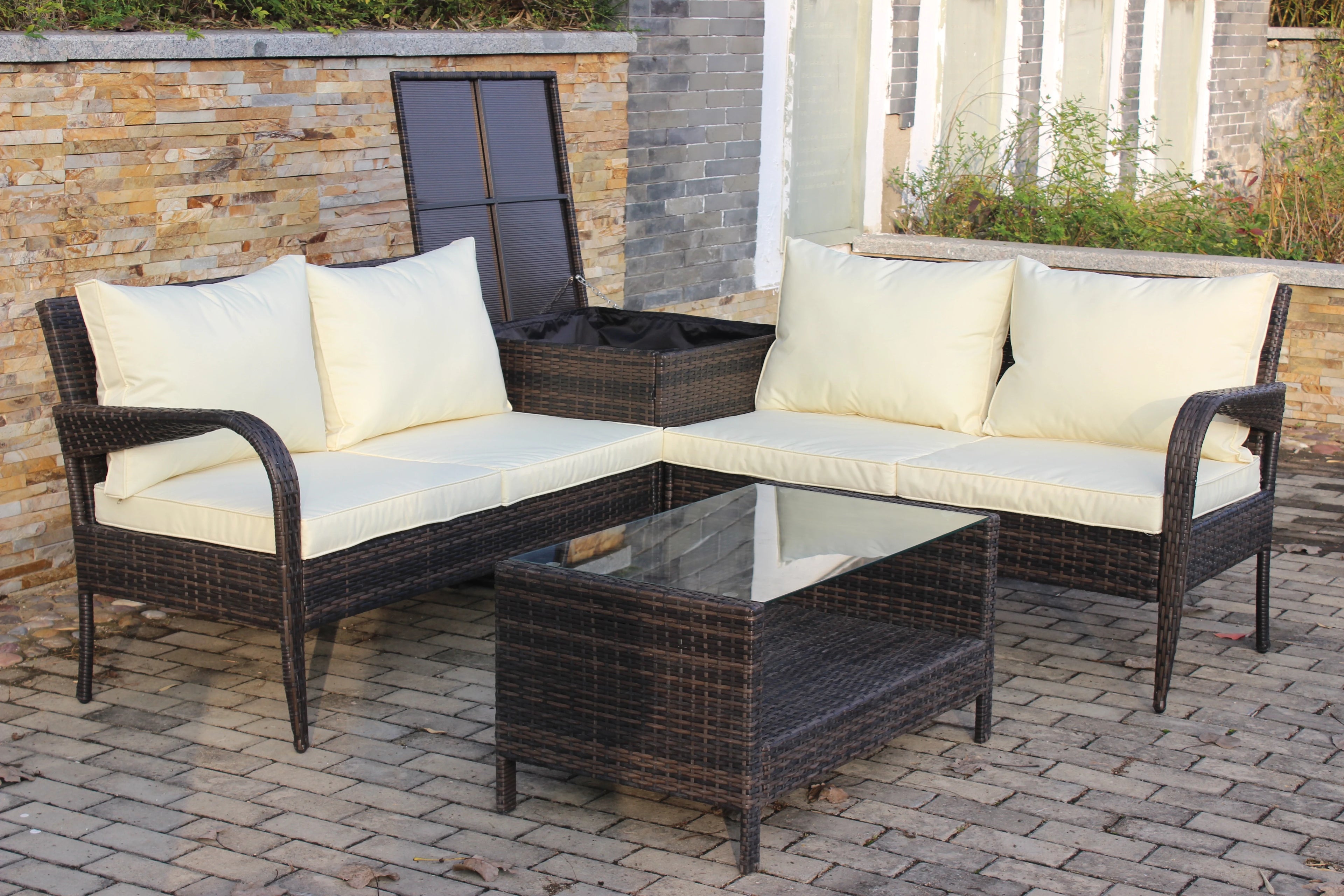 Brown Wicker Rattan Patio Sectional Sofa Set with Storage Box G1690