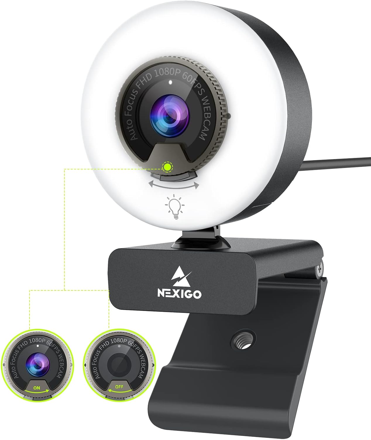 1080P 60FPS Webcam with Light, Fast AutoFocus, Built-in Privacy Cover, Dual Stereo Microphone B631
