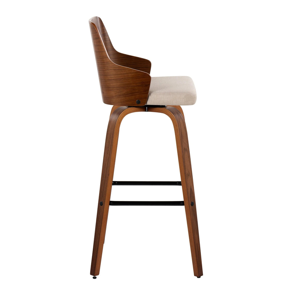 30" Mid-Century Modern Swivel Barstool in Walnut Wood, Beige Fabric and Black Metal Footrest - Set of 2 U92806