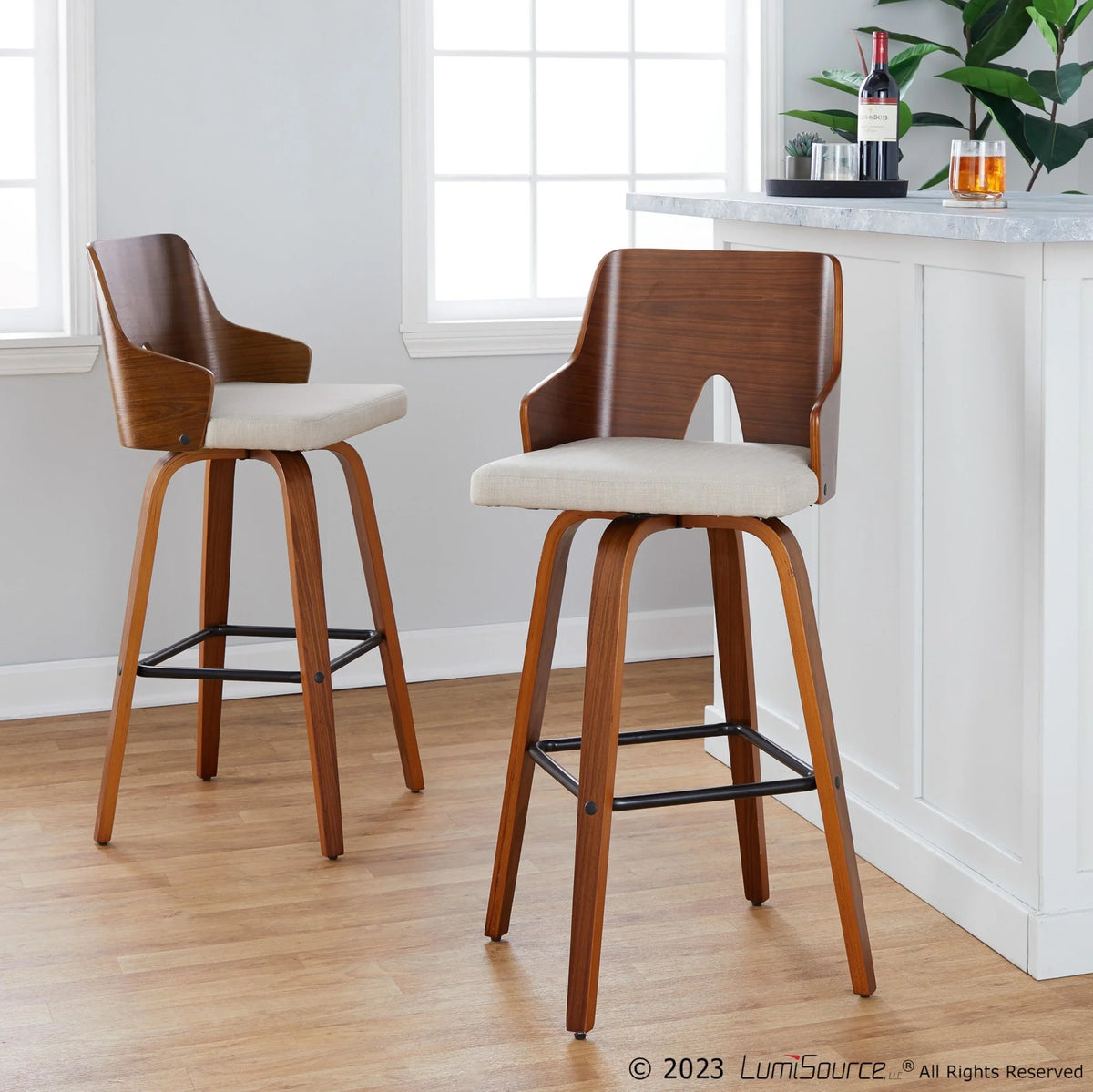 30" Mid-Century Modern Swivel Barstool in Walnut Wood, Beige Fabric and Black Metal Footrest - Set of 2 U92806