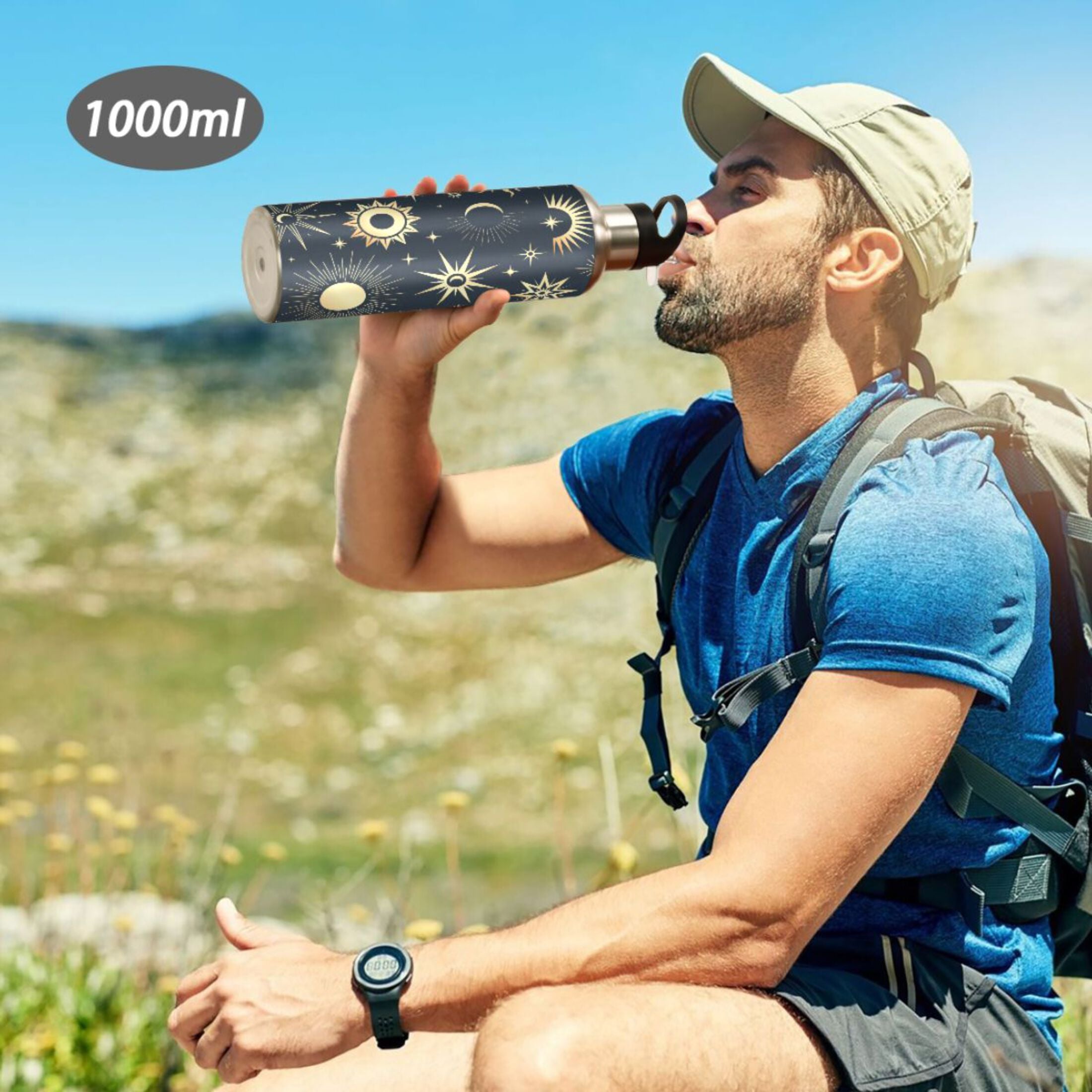Gold Sun Moon Stars Stainless Steel Insulated Water Bottle Z15211