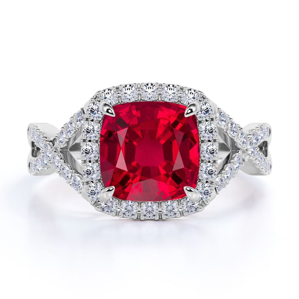 Cushion Cut Lab Created Ruby and Moissanite Crossover Pave Engagement Ring N648
