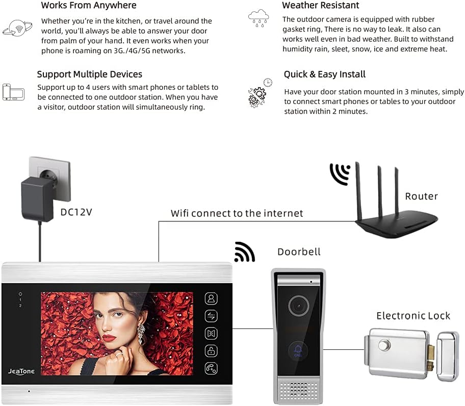 Video Door Phone Doorbell 4-Wired 7 Inch AHD Wi-Fi Intercom System with 720P Camera J390