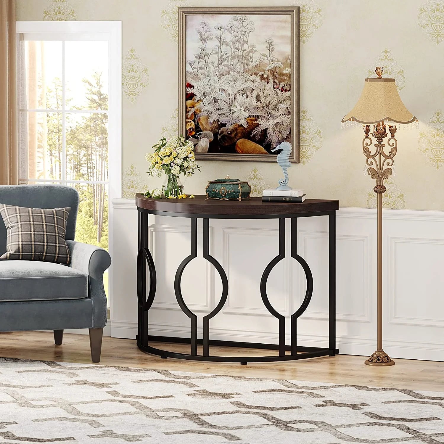 Half Moon Console Table with Geometric Base R844308