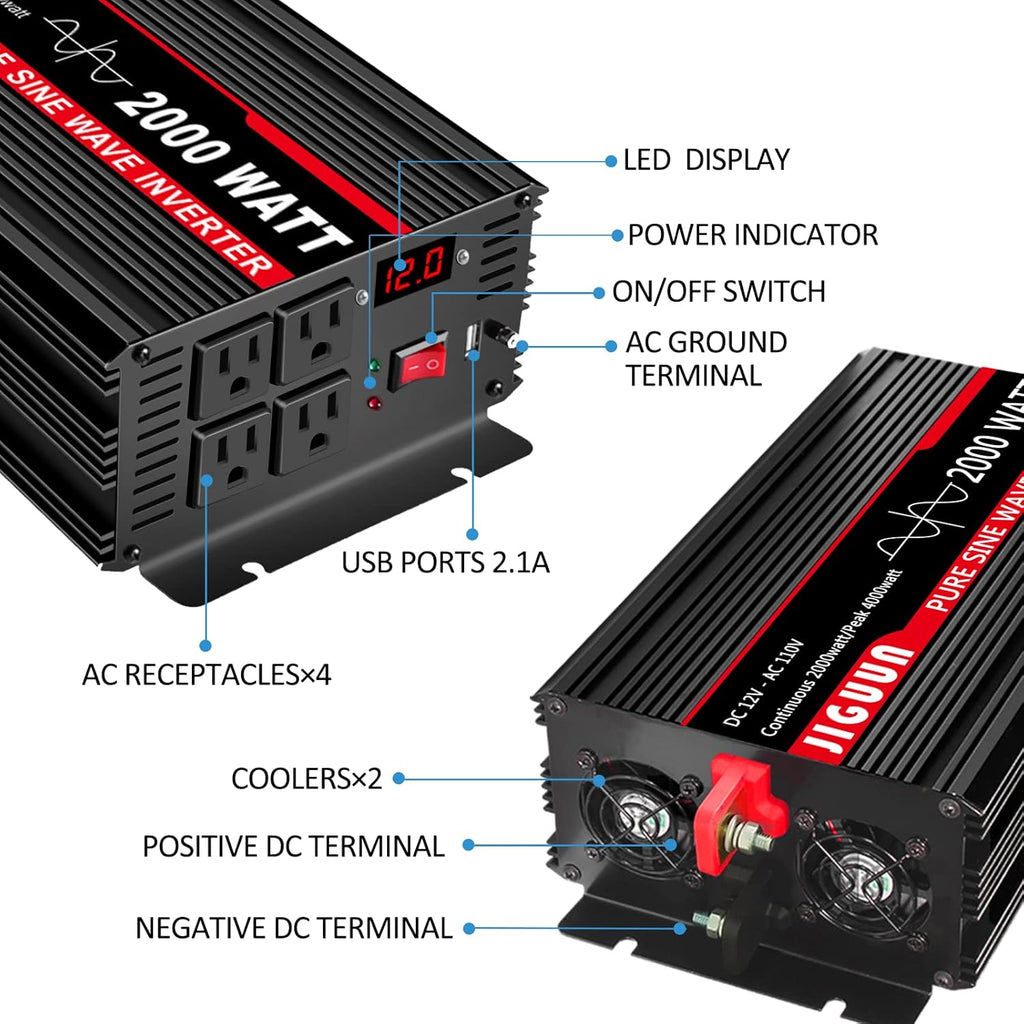 2000 Watt Pure Sine Wave Power Inverter 12V DC to 110V AC with 4 AC Outlets and USB Port C7866