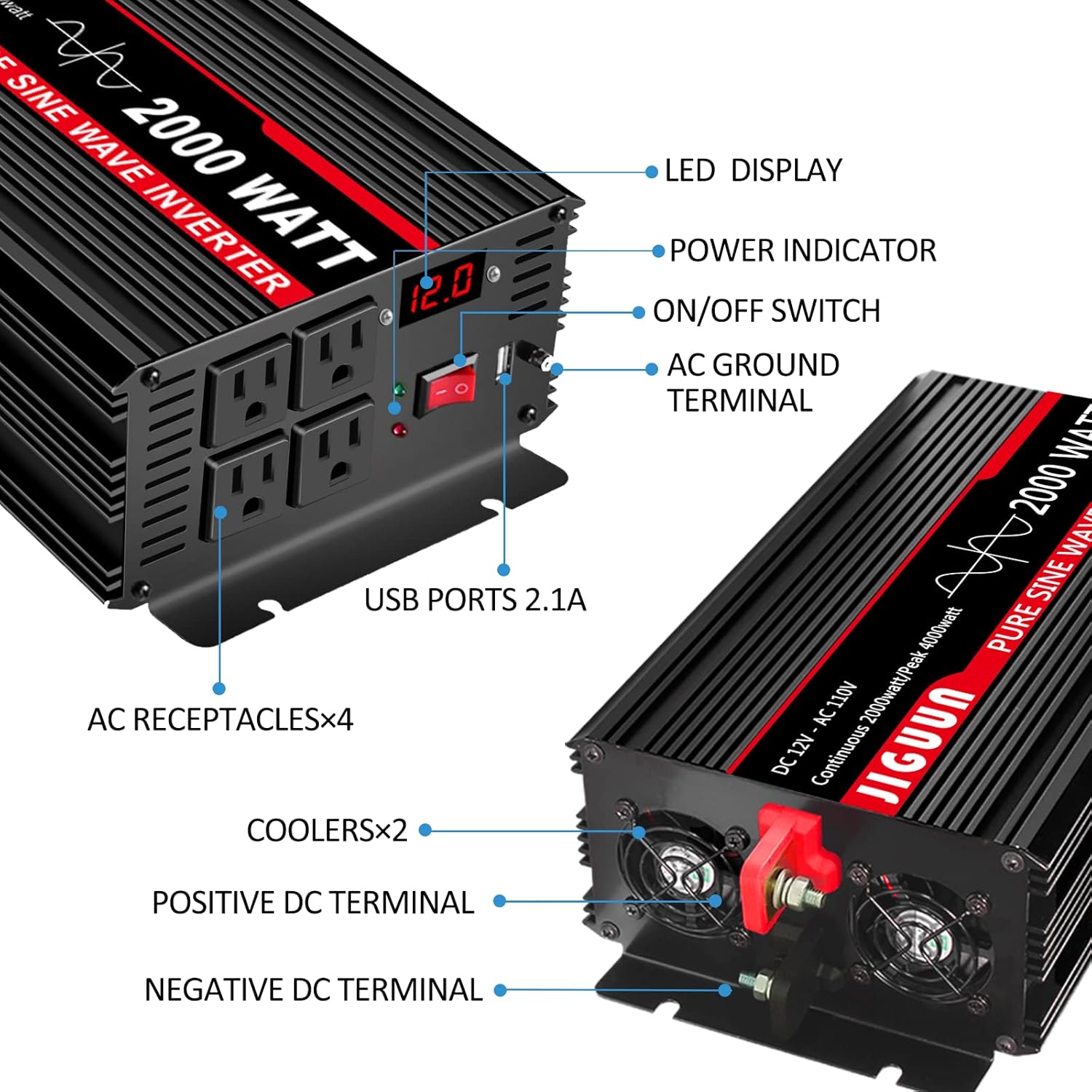 2000 Watt Pure Sine Wave Power Inverter 12V DC to 110V AC with 4 AC Outlets and USB Port C7866