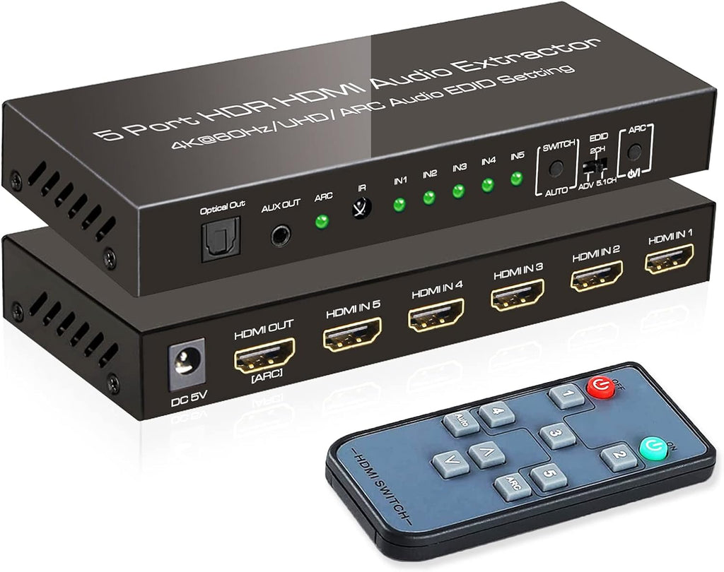 4K@60Hz HDMI Switch Audio Extractor with Optical + 3.5mm AUX Output, 5 in 1 Out HDMI Switcher Converter, Pack of 2 T30577