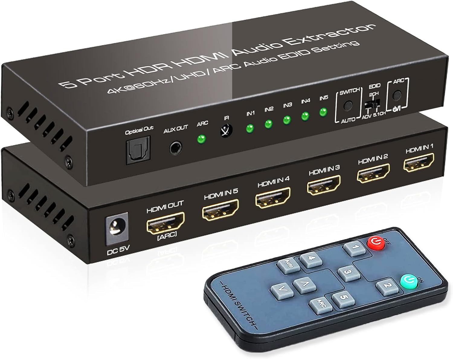 4K@60Hz HDMI Switch Audio Extractor with Optical + 3.5mm AUX Output, 5 in 1 Out HDMI Switcher Converter, Pack of 2 T30577