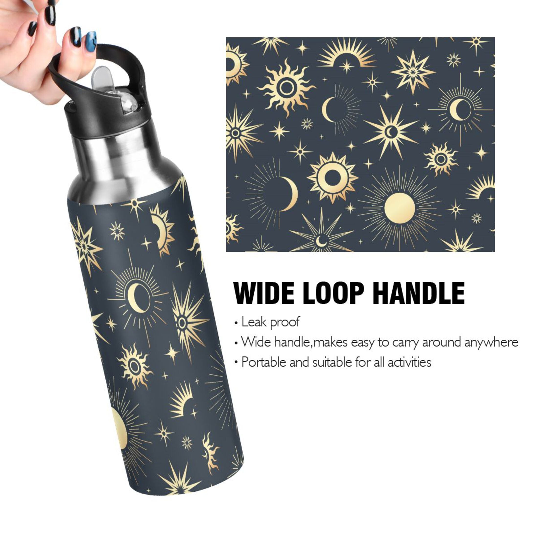 Gold Sun Moon Stars Stainless Steel Insulated Water Bottle Z15211