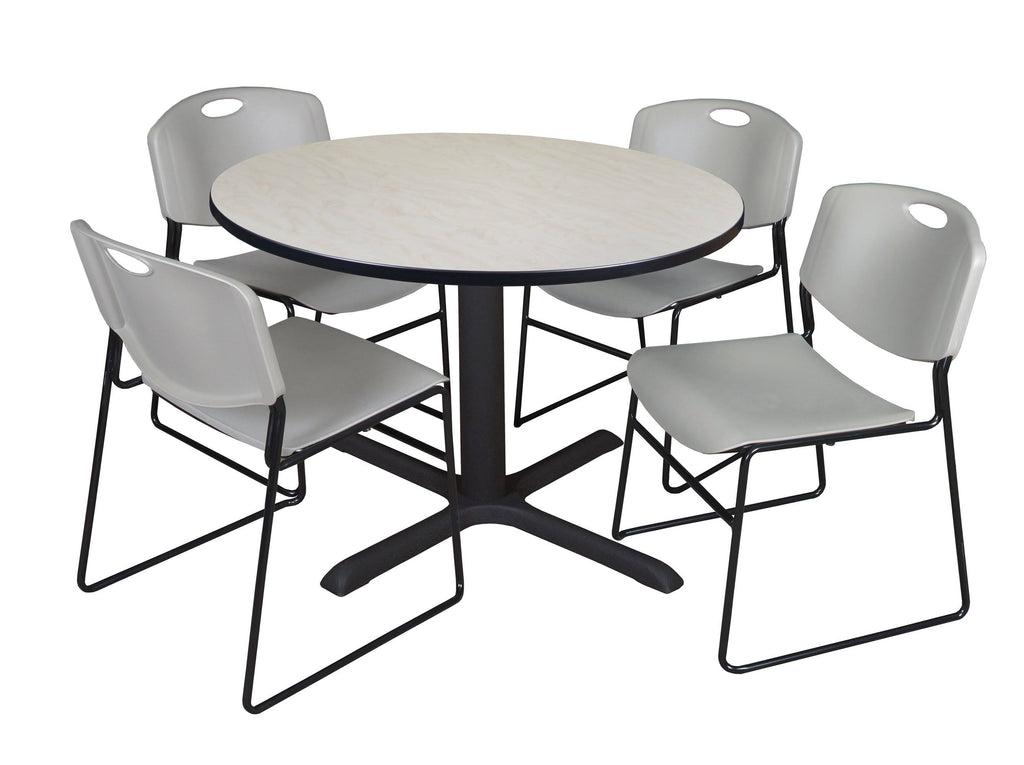 Maple Round Breakroom Table with 4 Grey Stack Chairs E225
