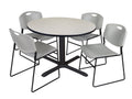 Maple Round Breakroom Table with 4 Grey Stack Chairs E225