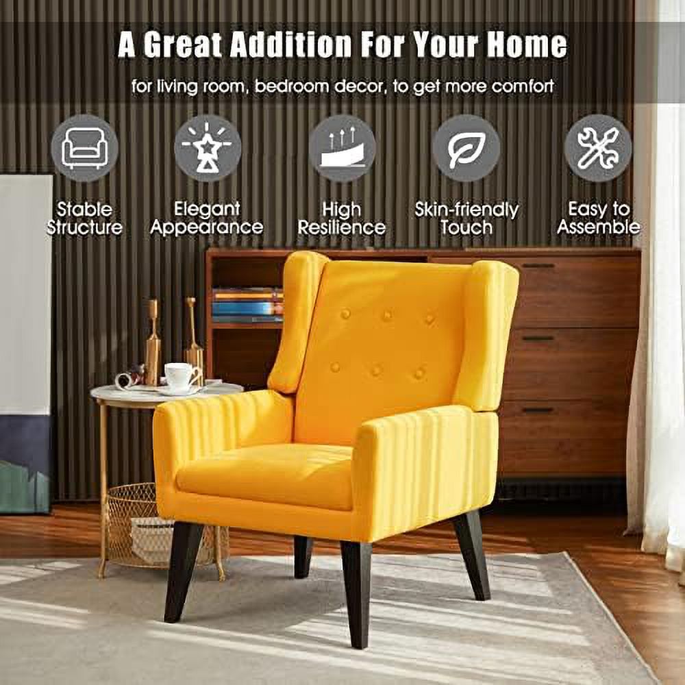 Yellow Upholstered Button Tufted Accent Chair with Wood Legs U790333