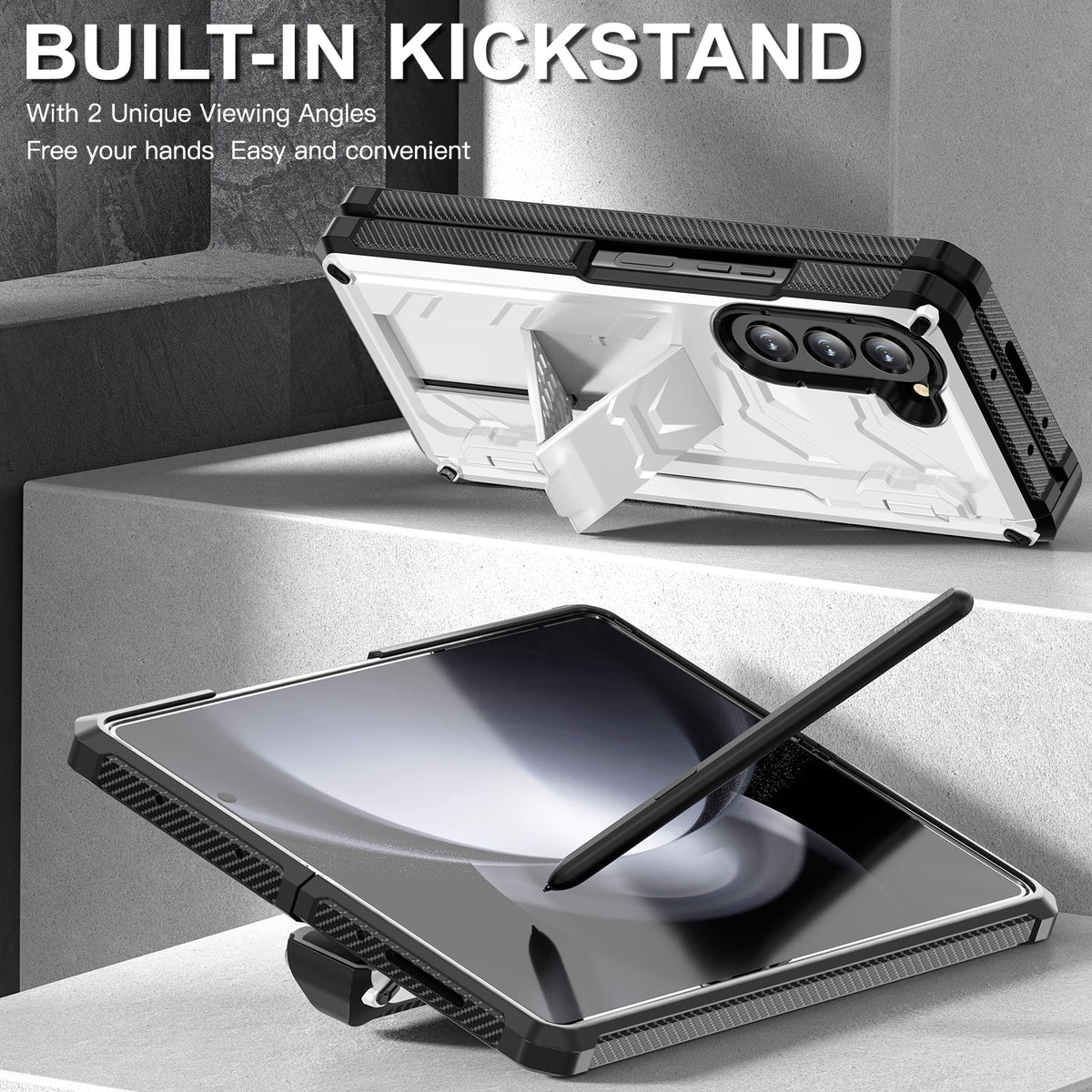 White Rugged Full Body Case with Built-in Glass Screen Protector Hinge Protection Hidden Kickstand Pen Slot Shockproof Armor Case X274