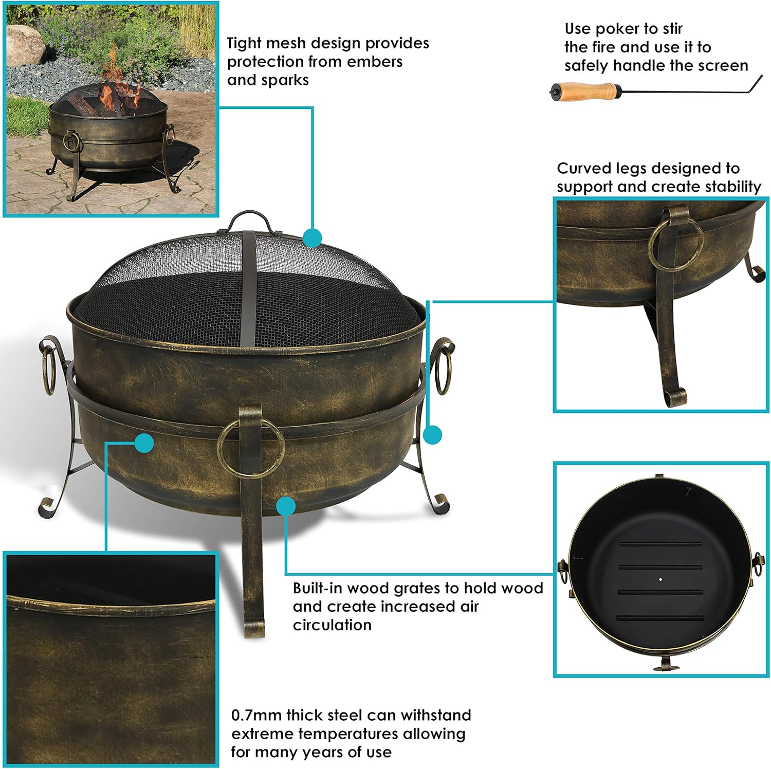 24-Inch Wood-Burning Fire Pit with Spark Screen and Metal Grate G419735
