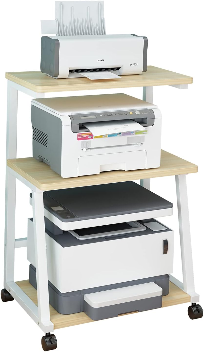 3-Tier Rolling Printer Stand Cart with Storage, Brown R2873