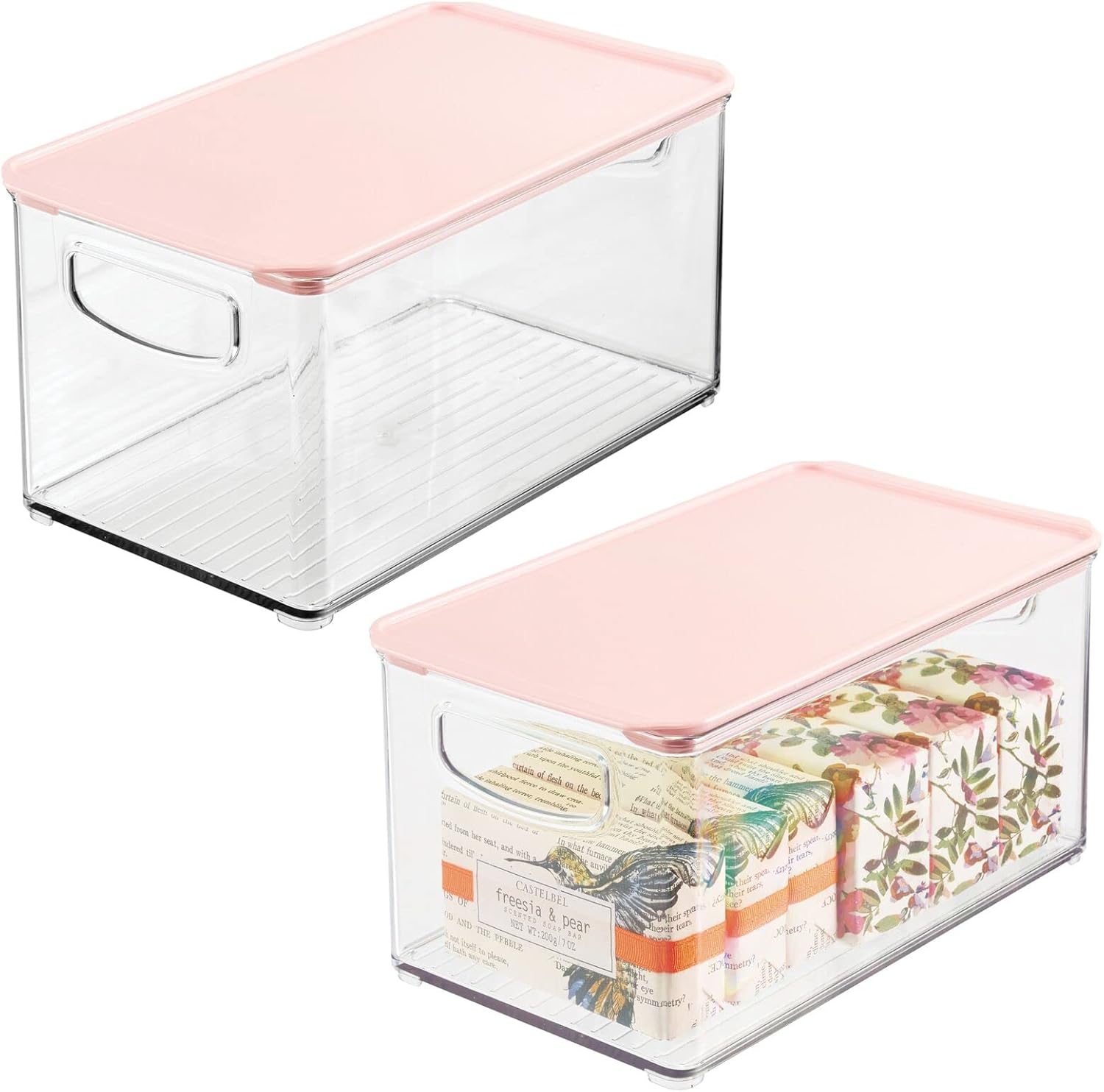 Clear/White Plastic Stackable Bathroom Storage Bin with Handles/Lid, 2 Pack N520