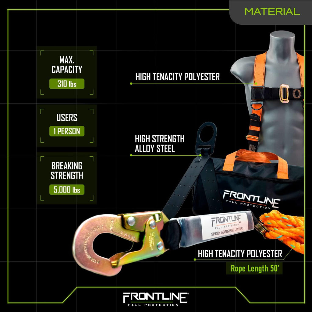 Roofers Kit with 50' Lifeline, Full Body Harness, Rope Grab, Roof Anchor B32299