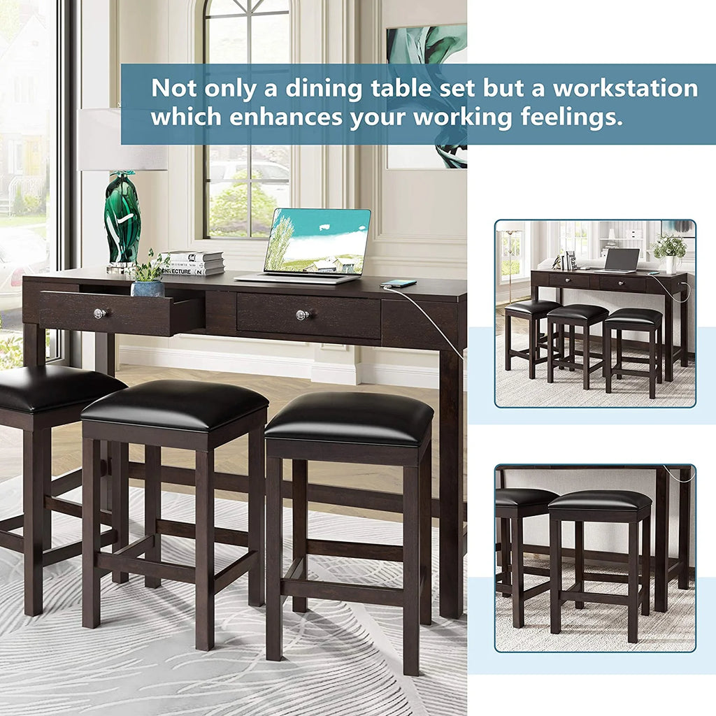 4-Piece Counter Height Dining Table Set with 3 PU Leather Padded Stools Espresso F1711