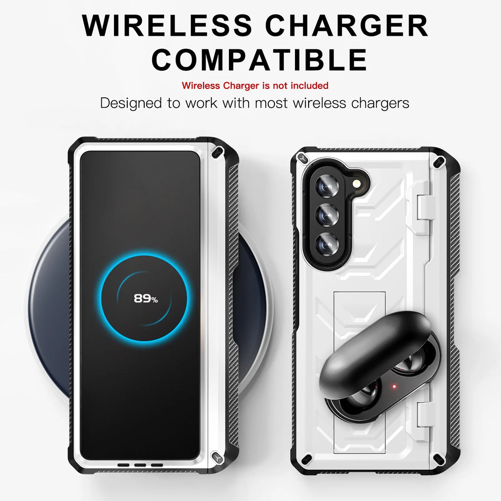 White Rugged Full Body Case with Built-in Glass Screen Protector Hinge Protection Hidden Kickstand Pen Slot Shockproof Armor Case X274