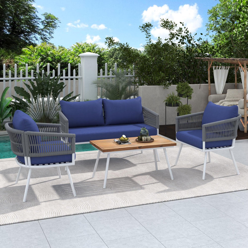 4 Piece Navy Blue Outdoor Woven Rope Sofa Set with Acacia Wood Table X683