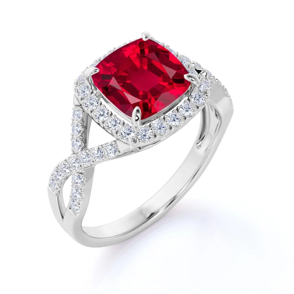 Cushion Cut Lab Created Ruby and Moissanite Crossover Pave Engagement Ring N648