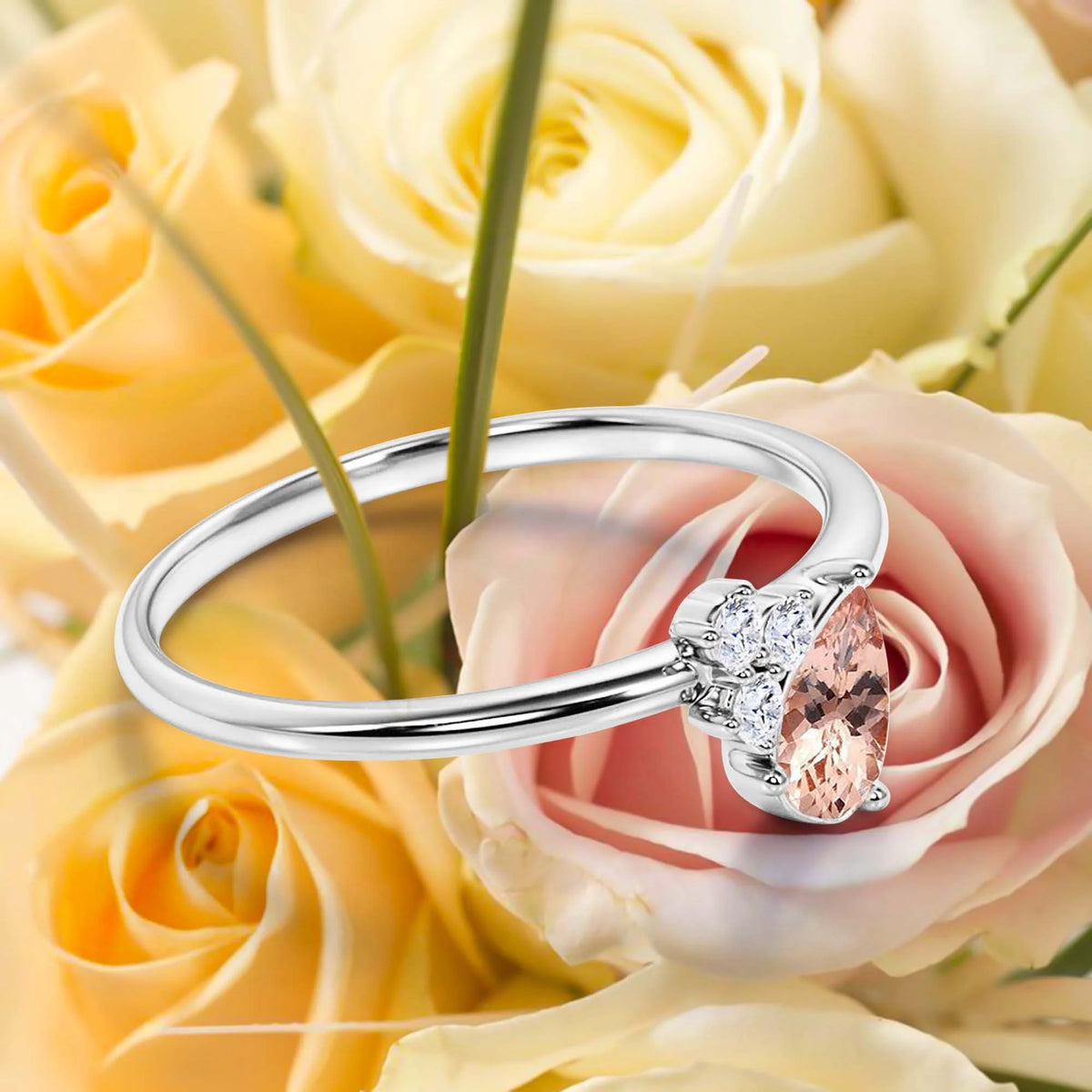 1.15 Carat Pear Cut Morganite And Diamond Moissanite Engagement Ring in 925 Sterling Silver With 18k White Gold Plating I27478