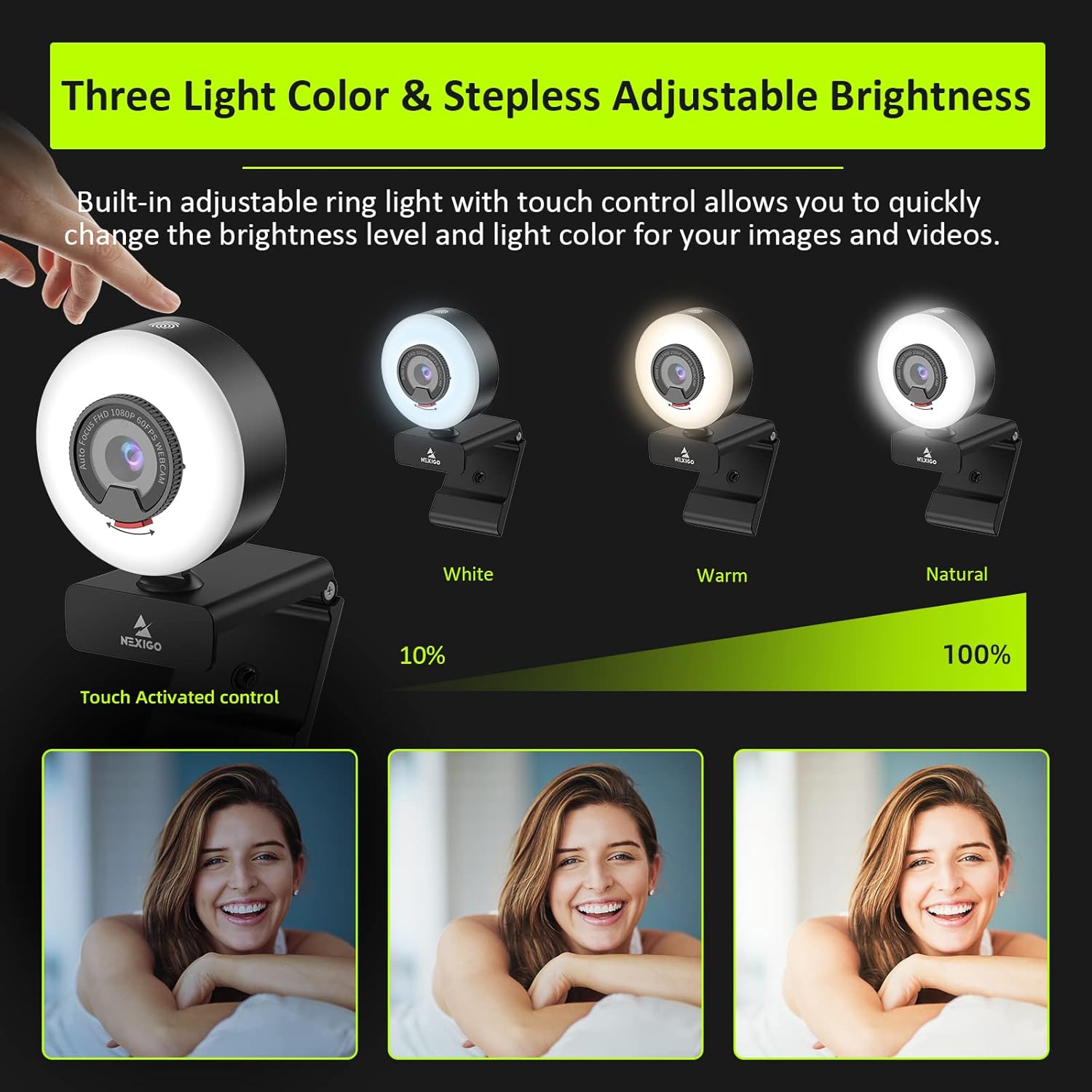 1080P 60FPS Webcam with Light, Fast AutoFocus, Built-in Privacy Cover, Dual Stereo Microphone B631