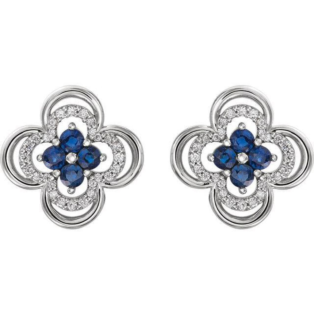 14K White Gold Diamond & Blue Sapphire Clover Studs Earrings N137511
