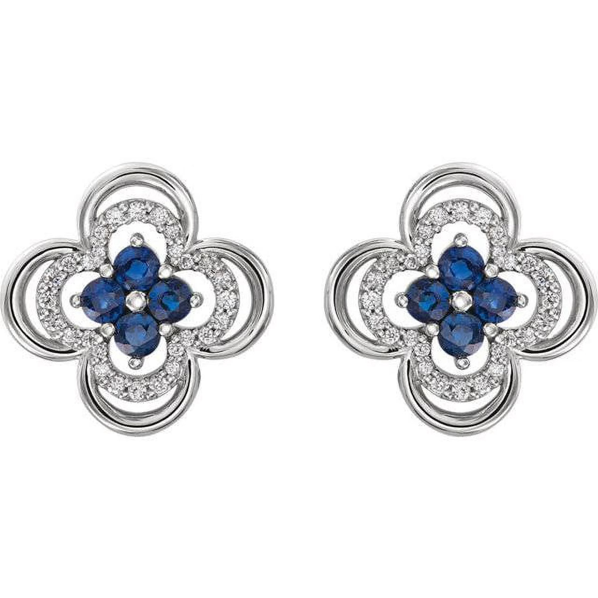 14K White Gold Diamond & Blue Sapphire Clover Studs Earrings N137511