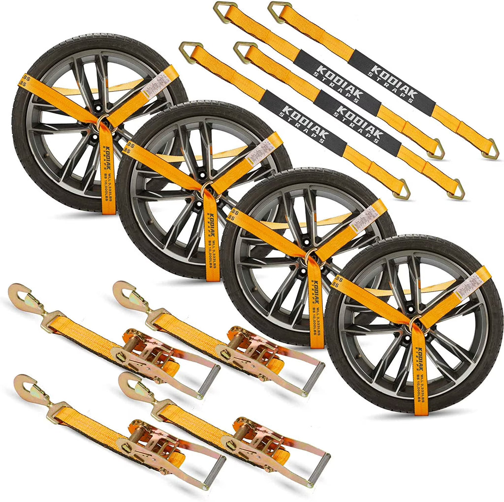 Adjustable Tire Tie Down Straps Kit 4pk Heavy Duty with Snap Hooks, 3333 lbs. Working Load O10447