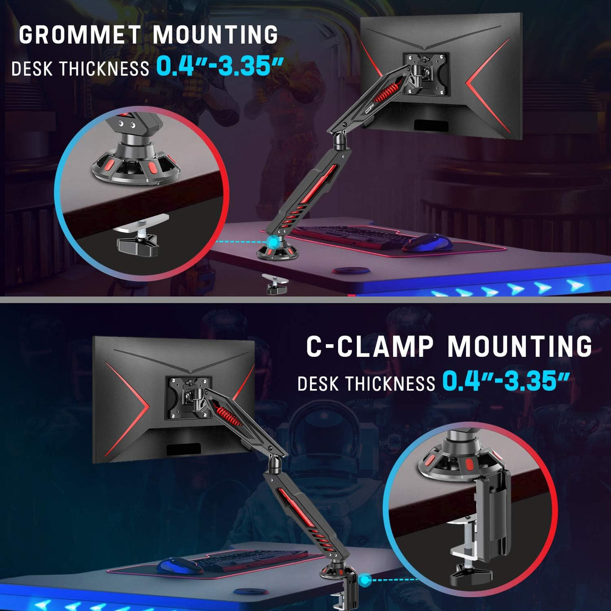 Single Gaming Monitor Stand with C Clamp and Grommet Mounting Base Y7454